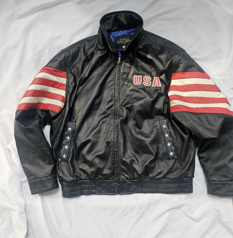 Leather Gallery American Flag Star USA Leather Jacket Size XL Vintage